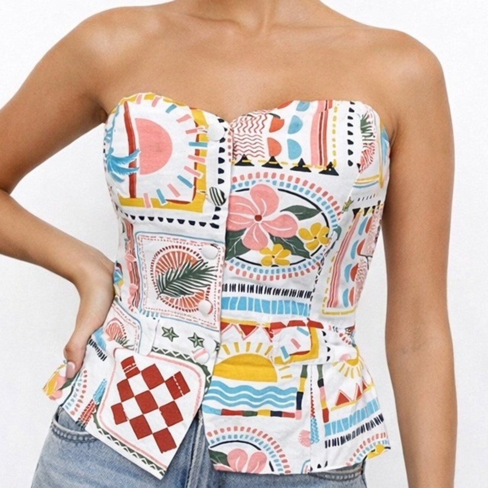 Midnight Sky Bustier Top L Linen Blend Coastal Festival Strapless Peplum Boho